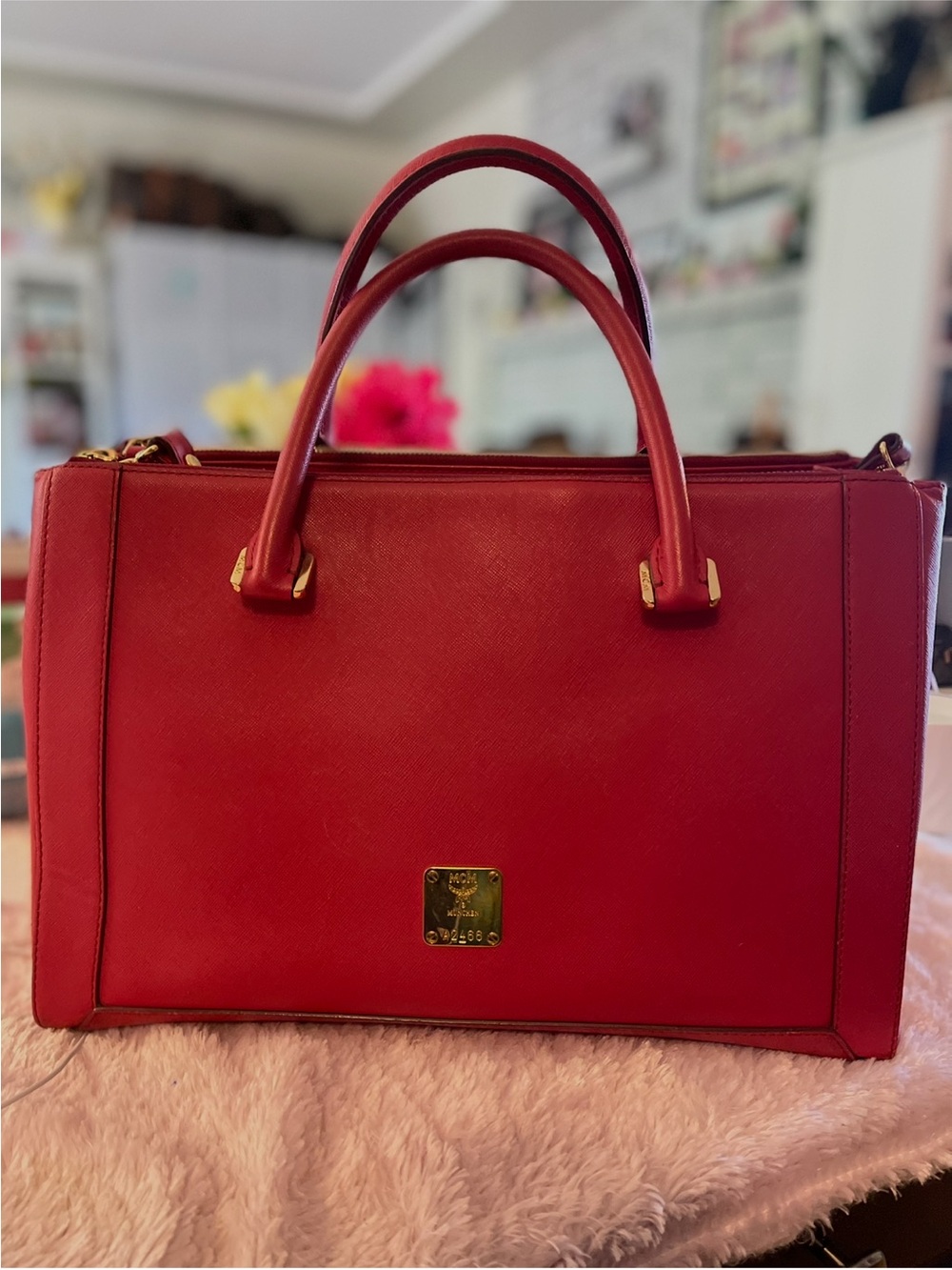 MCM Red Saffiano Leather Satchel